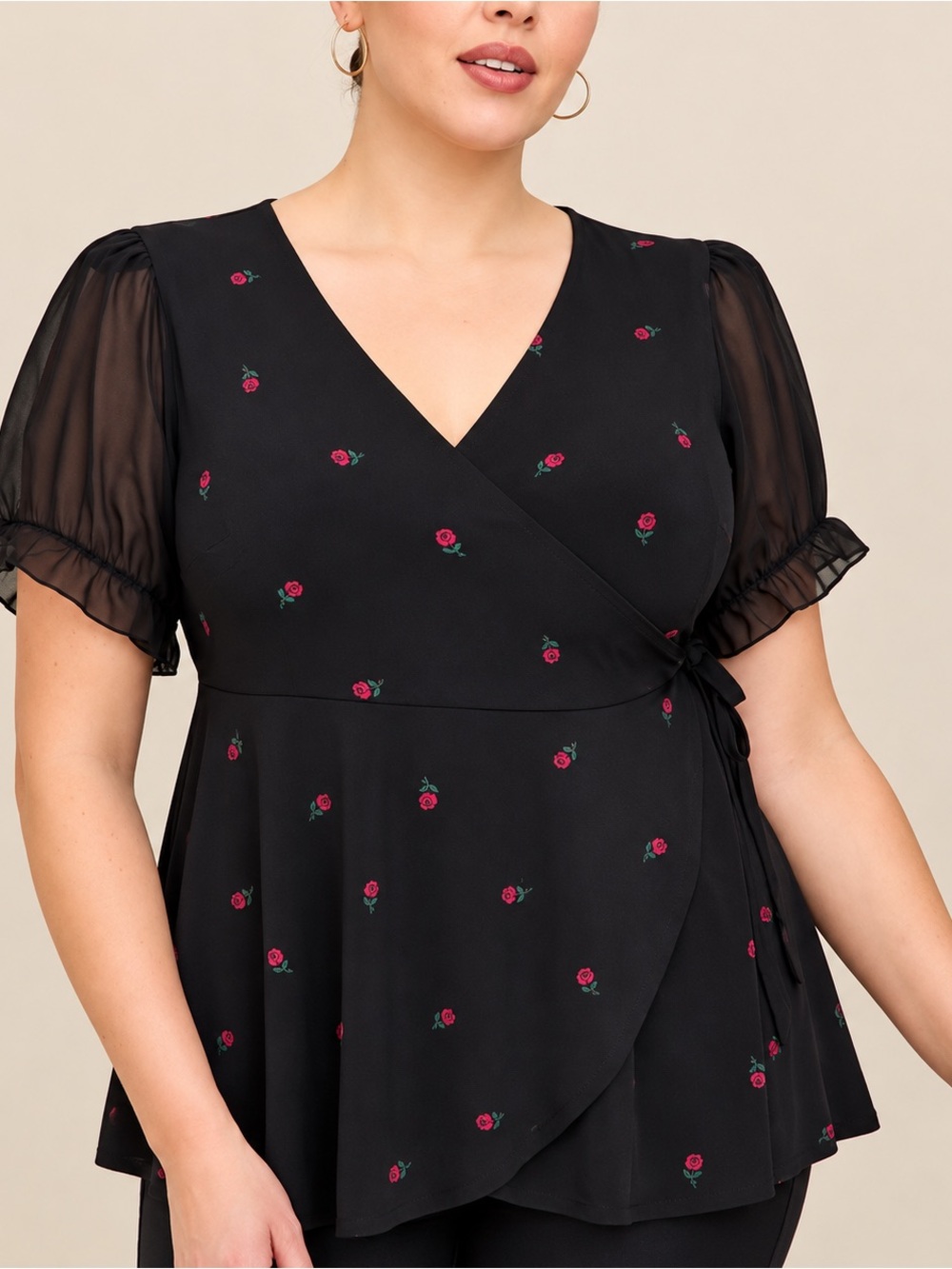 Torrid Studio Knit Chiffon Puff Sleeve Surplice Top NWT